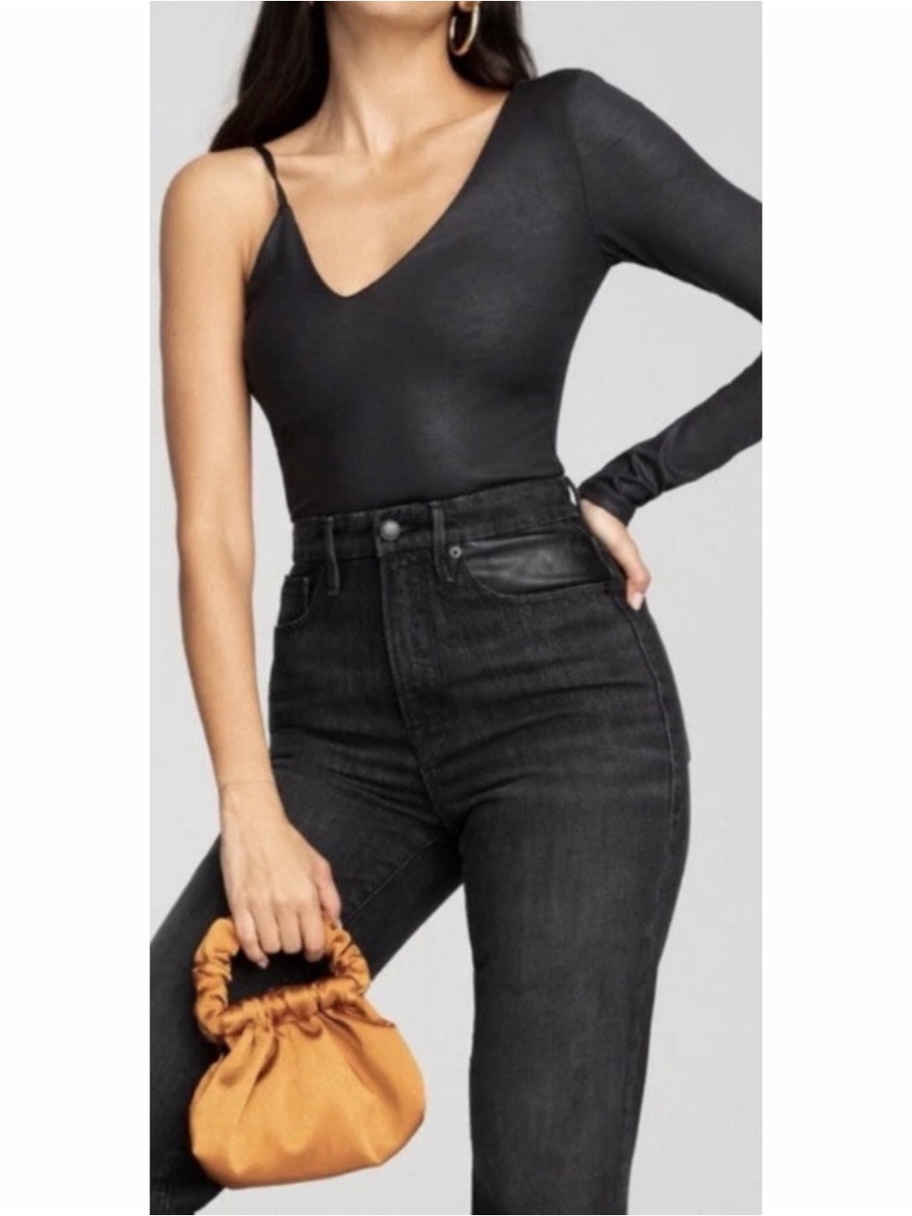 Good American Black One Shoulder Asymmetrical Bodysuit 1